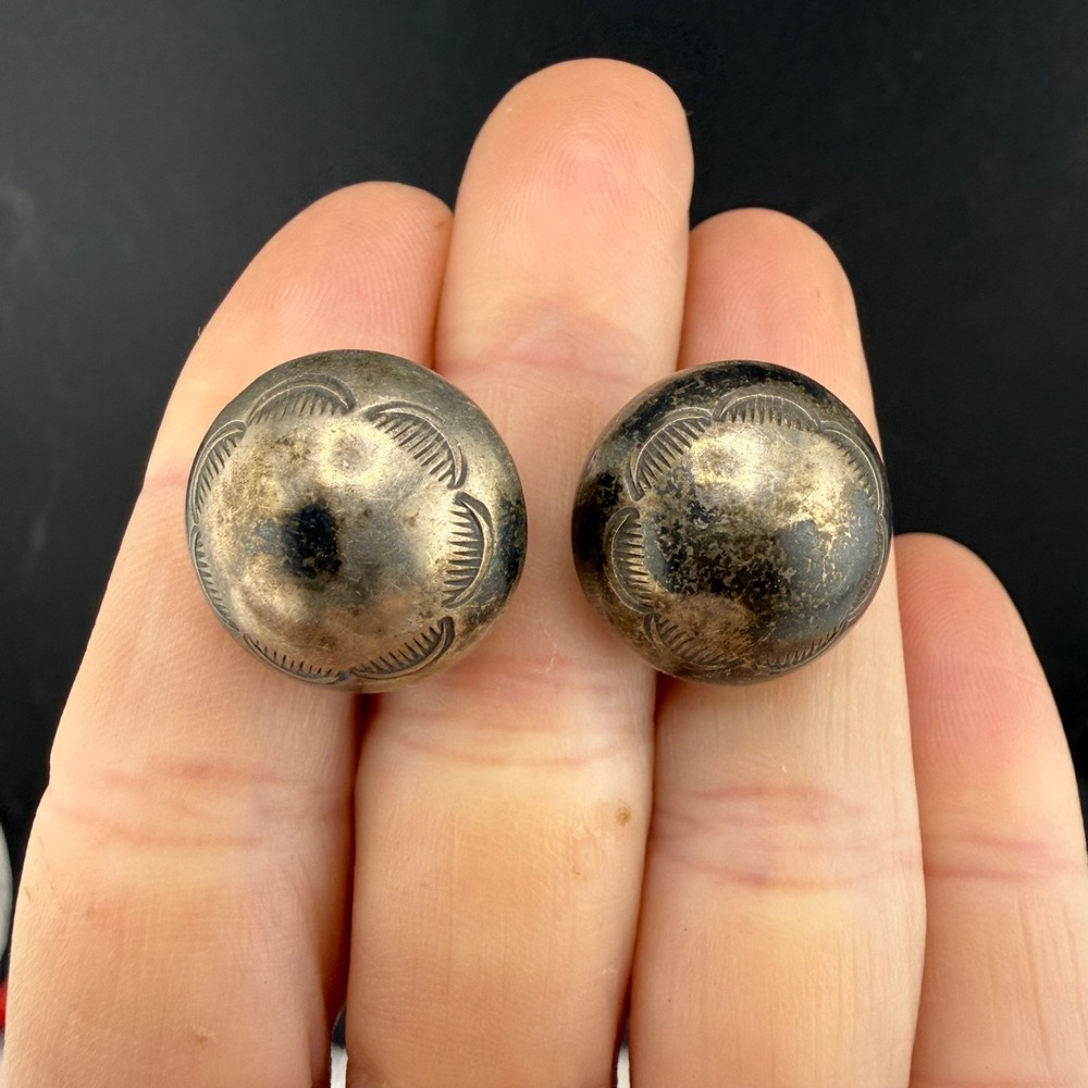 Vintage Sterling Silver Screw Back Earrings Concho Puffy Round Western Boho